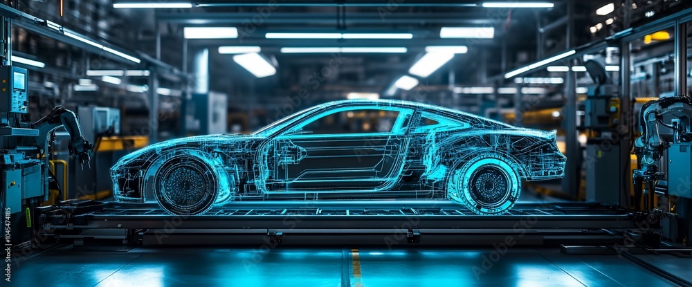 Leinwandbilder wireframe of a car being assembled on an automated assembly line.