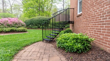 Lush Brick Home Entrance with Stairs and Welcoming Greenery