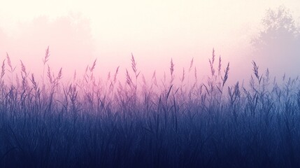 Silhouetted Grass Field with Soft Pink Morning Mist   Nature Background