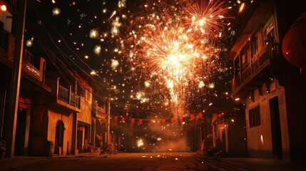 Fototapeta premium Stunning fireworks display over a quiet South Asian street, celebration concept with room for text