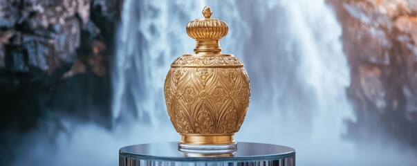 Obraz premium Elegant golden urn on a pedestal, cascading waterfall backdrop.