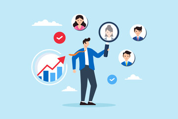Flat illustration of businessman with magnifying glass focuses on users or client illustrating customer centric marketing strategy