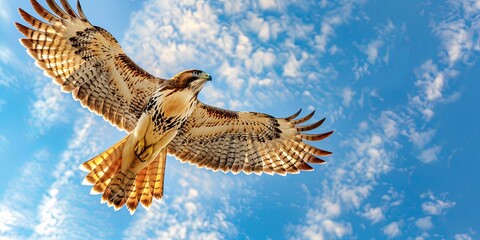 Obraz premium A red-tailed hawk soars through a clear blue sky with fluffy white clouds.