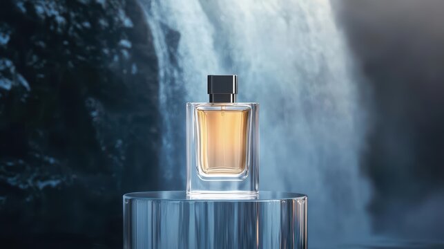 Elegant perfume bottle with water backdrop, luxury fragrance display.