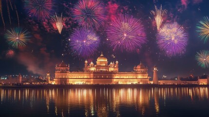 Fototapeta premium Stunning fireworks display over a South Asian palace, vibrant colors with room for text