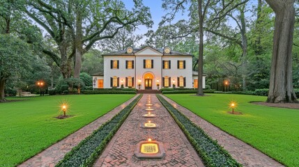 Majestic Antebellum Estate with Illuminated Landscape at Dusk