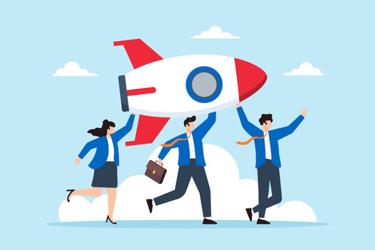 Flat illustration of business team helps carry rocket to launch symbolizing teamwork in developing new projects