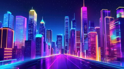 Obraz premium City night with glowing skyscrapers and streets illuminated by neon lights, creating a vibrant urban atmosphere.