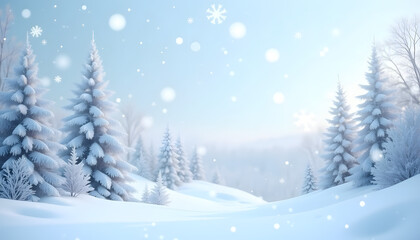 Obraz premium Dreamy winter background, tranquil mood, gentle snowfall with frosted trees and soft light, copy space