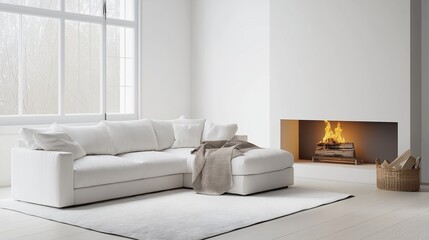 Fototapeta premium White corner sofa near fireplace. Scandinavian home interior design of modern living room.
