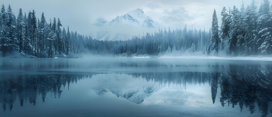 Fototapeta premium Ethereal Frozen Forest Lake with Snow Capped Mountain Reflection