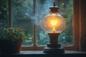Antique Lamp With Smoke Emitting From a Lightbulb