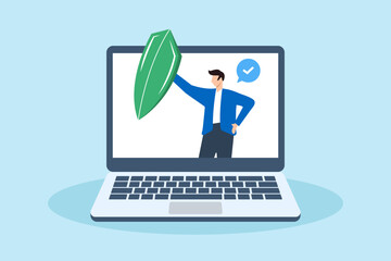 Flat illustration of man holds shield on computer laptop protecting against cyber security attack