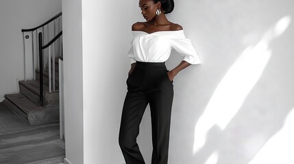 Elegant Woman in Off-Shoulder Top and Black Pants
