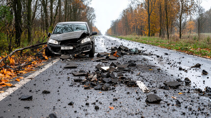 Damaged vehicle on road after collision with debris and fallen branches