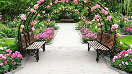 Enchanting Floral Arch and Garden Pathway with Benches in Blooming Spring Landscape