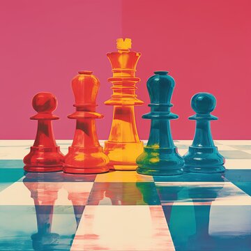 Chess art vintage background, with a grainy intaglio printing of a colorful, abstract, minimalistic, split-coloured 60s graphic design