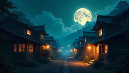 Traditional japanese village road illuminating under full moon at night