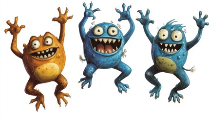 Naklejka premium Trio of Playful Cartoon Monsters in Fun Poses