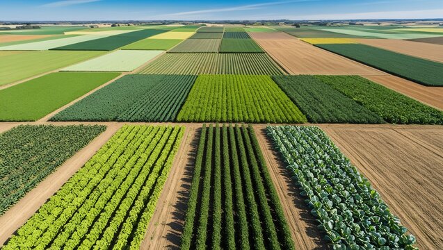 An aerial view of fertile farmland divided into neat plots, showcasing different types of crops in various shades of green and brown.