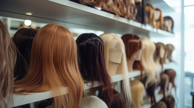 Shelf of wigs in various colors and styles