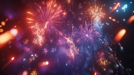 Fototapeta premium Vibrant fireworks burst in a South Asian city sky, celebrating Diwali with ample copy space