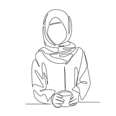 One continuous single drawing line art flat doodle person, woman, tea, drink, hot drink, muslim, teenage, female, happy. Isolated image hand draw contour on a white background