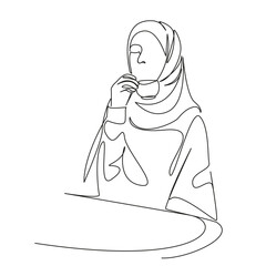 One continuous single drawing line art flat doodle Muslim girl drinking coffee in cafe, enjoying drink, relaxing. Isolated image hand draw contour on a white background