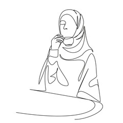 One continuous single drawing line art flat doodle Muslim girl drinking coffee in cafe, enjoying drink, relaxing. Isolated image hand draw contour on a white background