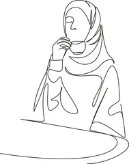 One continuous single drawing line art flat doodle Muslim girl drinking coffee in cafe, enjoying drink, relaxing. Isolated image hand draw contour on a white background