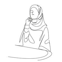 One continuous single drawing line art flat doodle Muslim girl drinking coffee in cafe, enjoying drink, relaxing. Isolated image hand draw contour on a white background