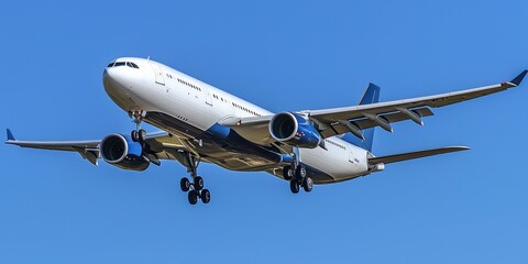 Obraz premium A white and blue airplane flying in the sky with its landing gear down.