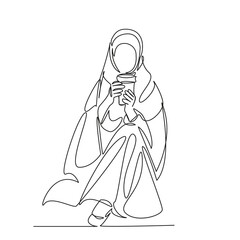 One continuous single drawing line art flat doodle horizontal, lifestyles, sofa, teenager, people, adult, cheerful, females, islam. Isolated image hand draw contour on a white background