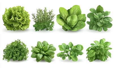 Naklejka premium Vegetables, kitchen herb garden, 3d realistic vector set. Cilantro, lettuce, mint, rosemary, dill, basil, arugula, spinach