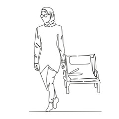 One continuous single drawing line art flat doodle Muslim woman on the beach in burkina, next to a sun lounger, modern Islam. Isolated image hand draw contour on a white background