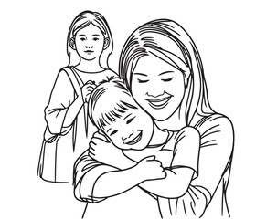 Mother and baby stylized vector symbol, mom hugs her child sketch