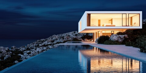 Fototapeta premium Modern Cliffside Villa with Infinity Pool and Ocean View at Dusk