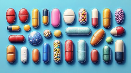 colorful medicine tablets arranged artfully on a soft blue background showcasing the diversity of pharmaceuticals and the importance of medication in healthcare with a vibrant and clean aesthetic