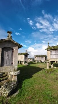 traditional granaries in Galicia and northern Portugal called espigueiros. Lindoso, Ponte da Barca. Portugal