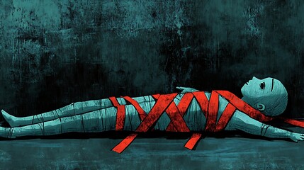 Illustrative Cartoon of a Person Bound with Ribbons