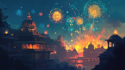 Fototapeta premium Vibrant fireworks over a South Asian temple complex, with ample copy space for festive messages