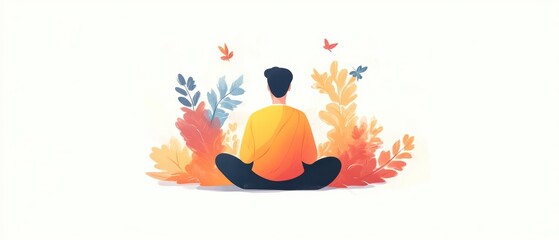 Fototapeta premium A person meditating surrounded by colorful plants and butterflies.