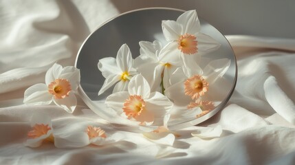 Narcissus flower reflecting fallen petals in the mirror. Change, transformation minimal conceptual background.