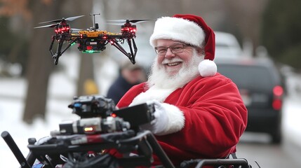 Festive santa claus joyfully piloting a drone in a winter wonderland celebration