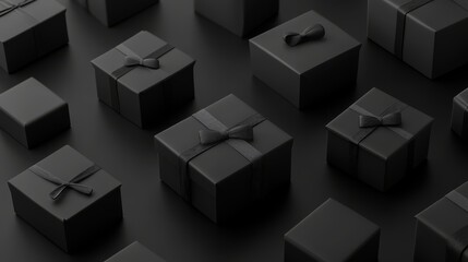 Obraz premium Black gift boxes placed on a dark background. An advertising poster