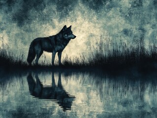 Fototapeta premium Wolf standing on a hill next to a body of water