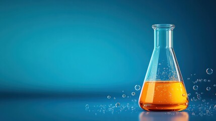 orange solution in science glass flask in blue chemistry school laboratory background