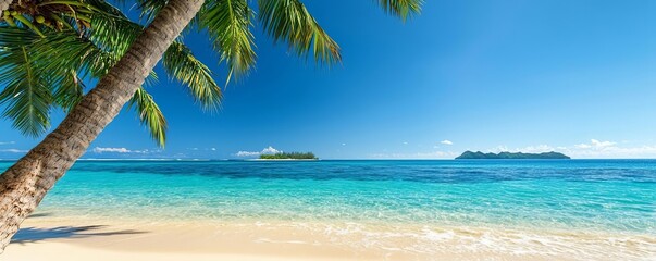 Shimmering blue waters gently hitting the sandy shores of an isolated tropical beach, with green coconut trees providing shade, and the distant islands rising under a clear sky