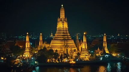 Fototapeta premium Illuminated Temple at Night in Bangkok, Thailand