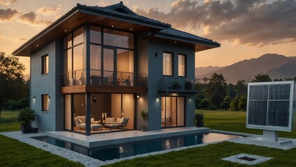 Fototapeta premium Intelligent Smart Home with Automated Energy Efficient System Optimizing Power Usage Based on Grid Demands and Availability